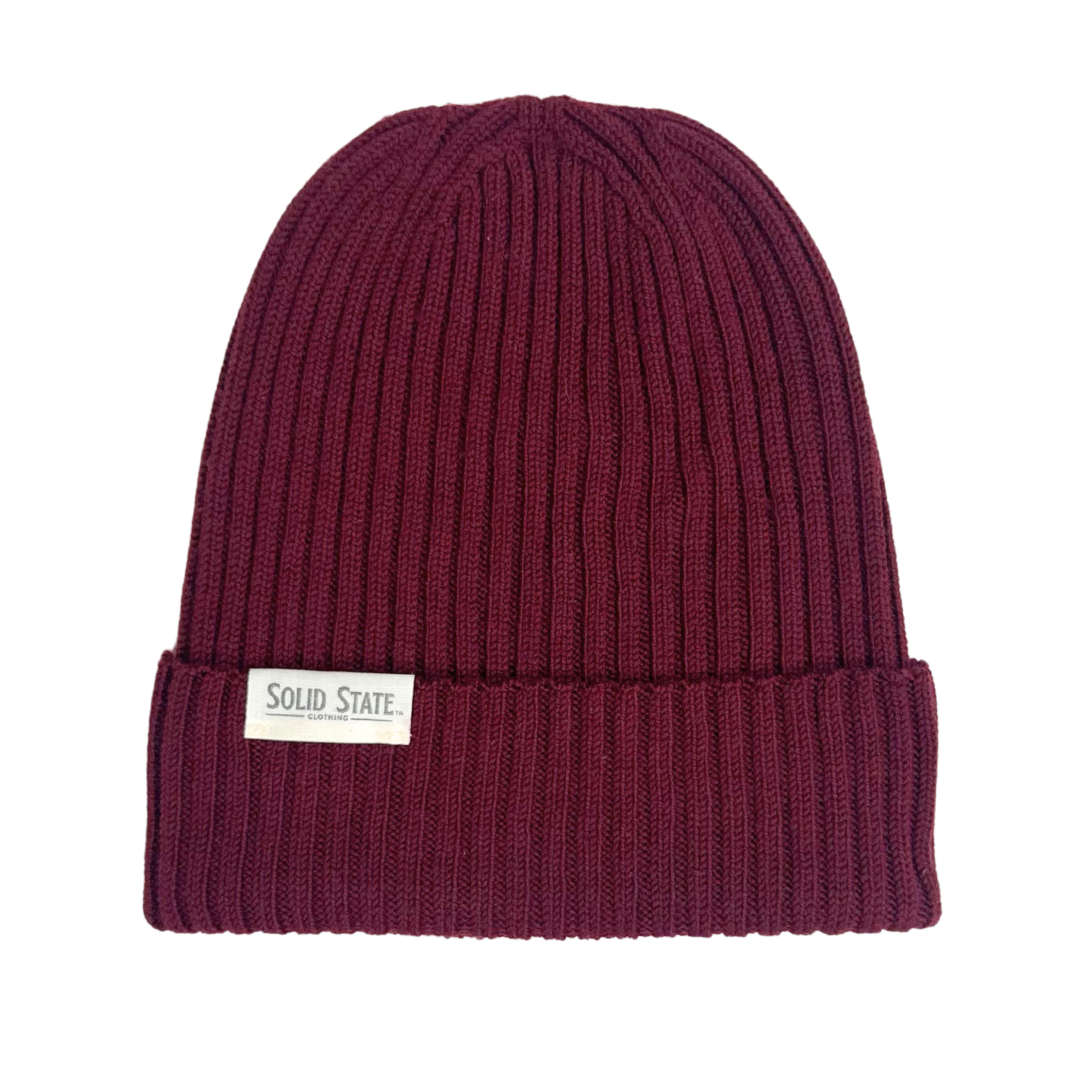 Maroon knit beanie with 'Solid State' label on a white background