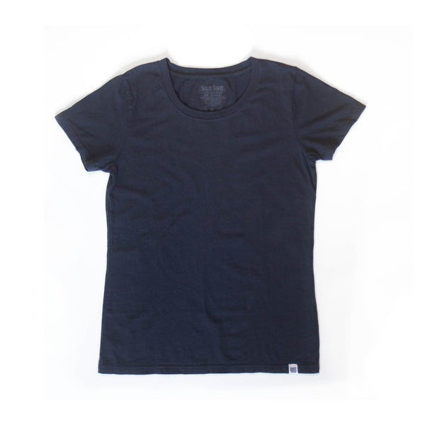 An American-made Solid State Clothing North Carolina Cotton T-Shirt lies against a plain background. The color of the shirt is Soft Black